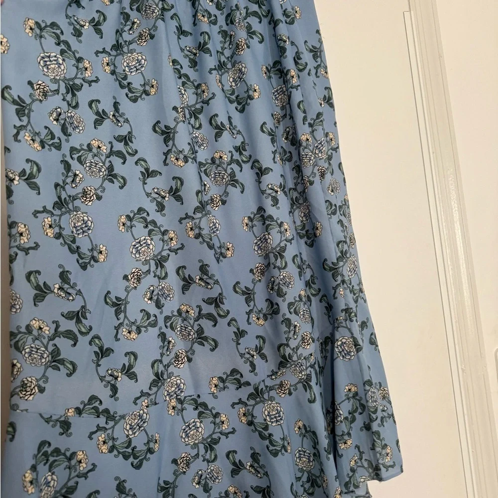 Blue Floral Faux Wrap Midi Skirt